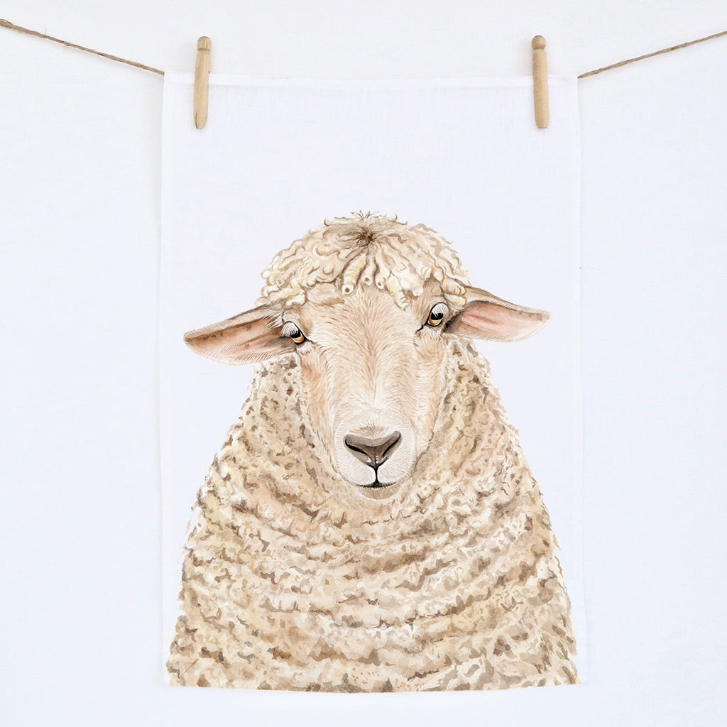 sheep watercolour artwork linen tea towel