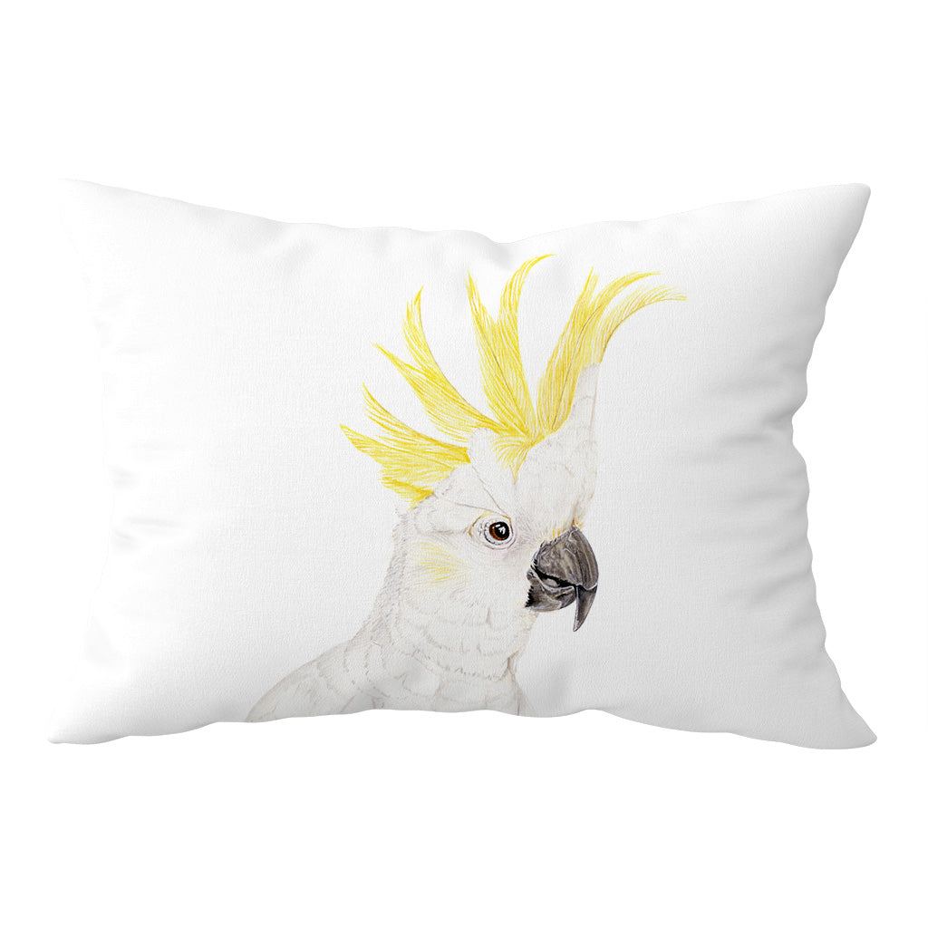 white cotton pillowcase with sulphur crested cockatoo watercolour artwork