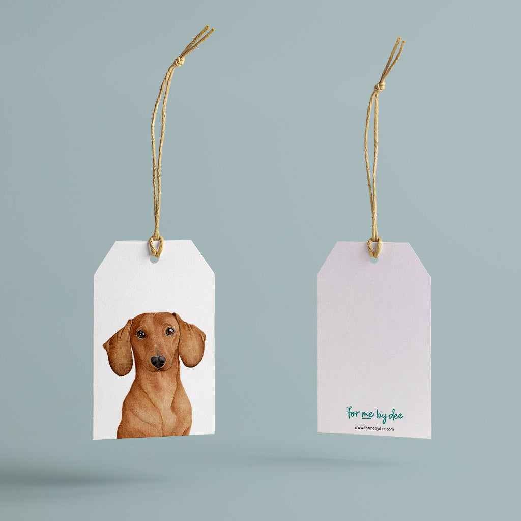 tan dachshund sausage dog gift tag with twine string on blue background