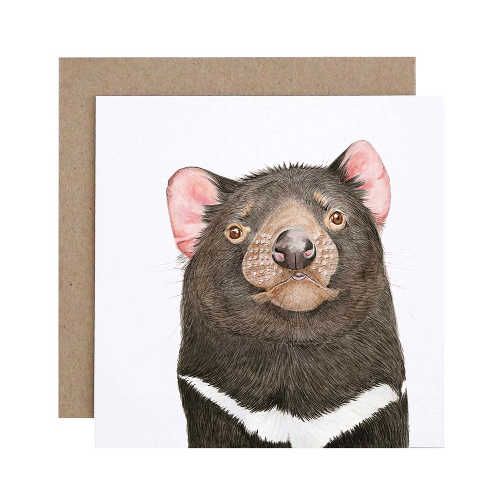 Square white greeting card with tasmanian devil watercolour illustration and recycled kraft envelope