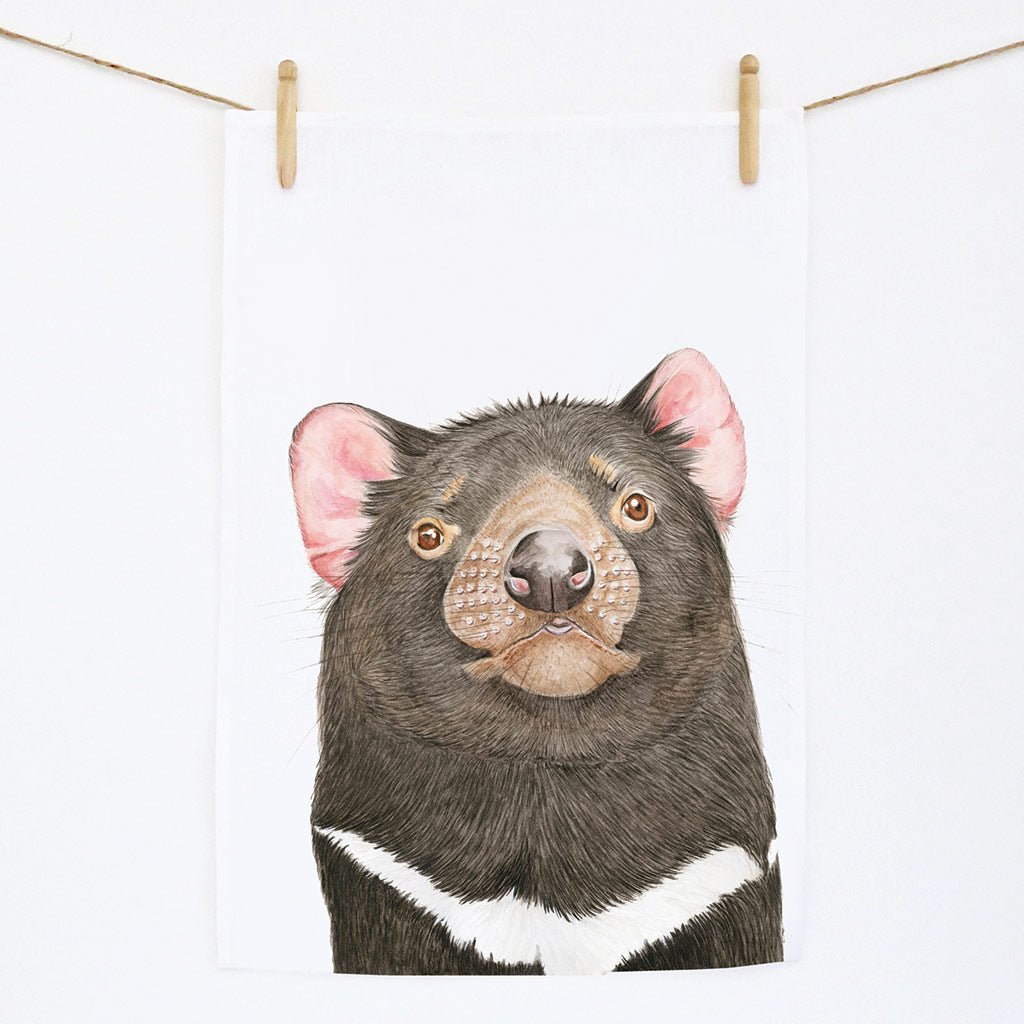 white linen tea towel with tasmanian devil watercolour artwork