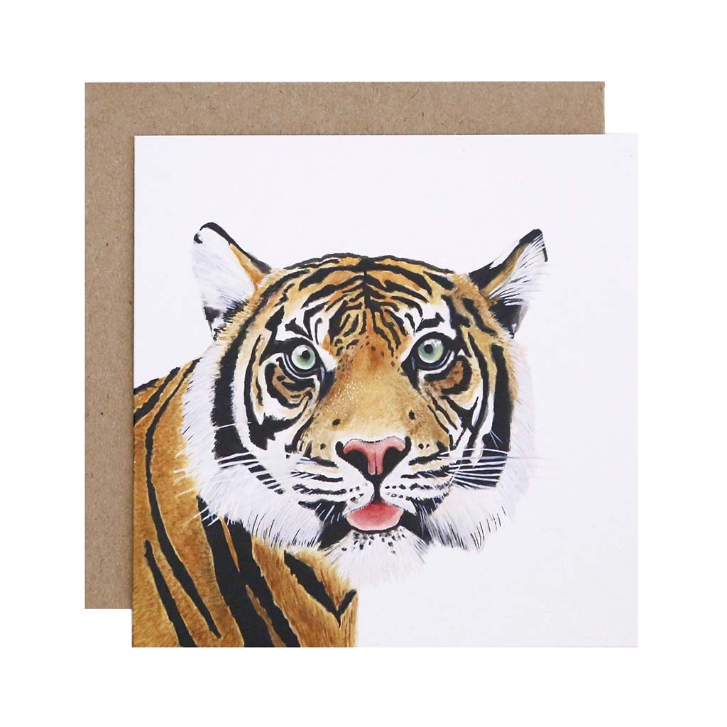 Square white greeting card with tiger watercolour artwork and recycled kraft envelope