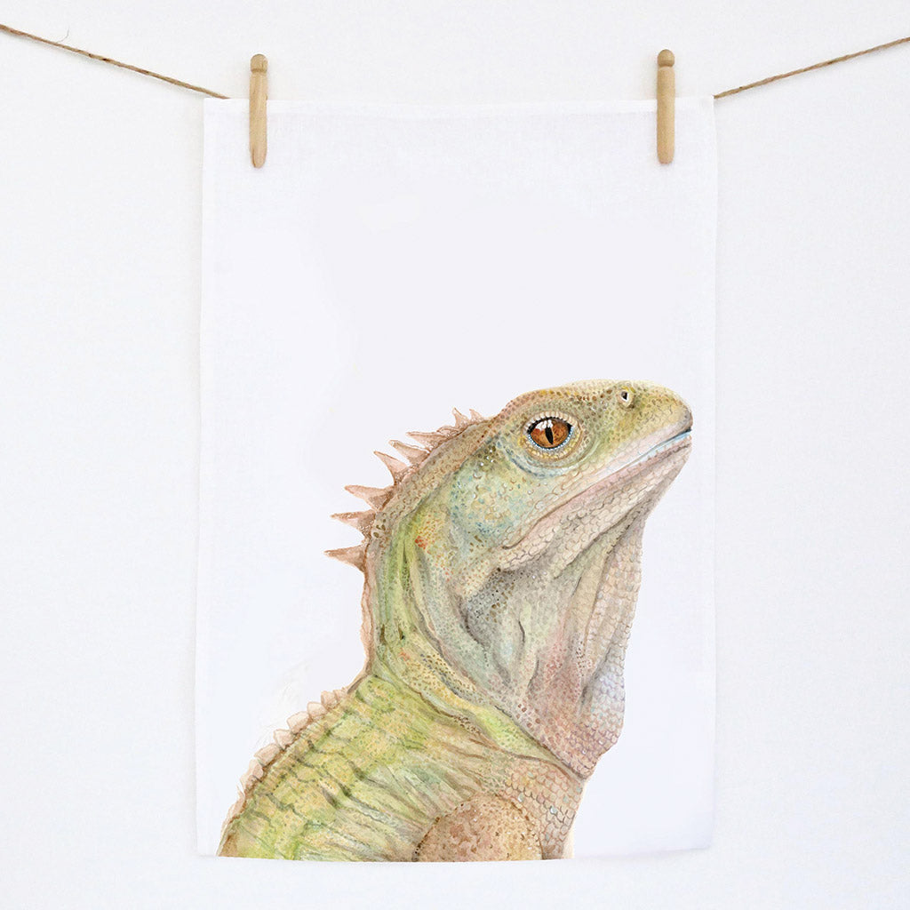 white linen tea towel with tuatara new zealand lizard watercolour artwork