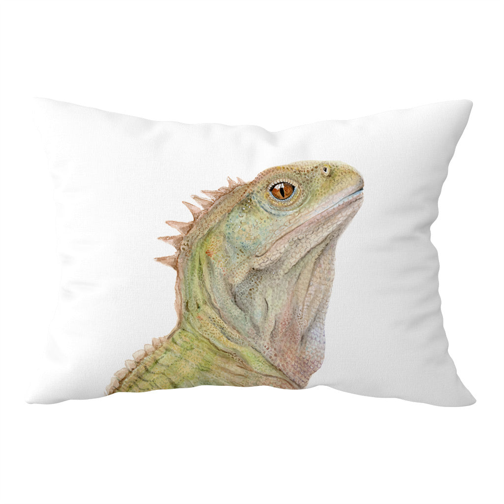 white cotton pillowcase with new zealand tuatara lizard watercolour artwork