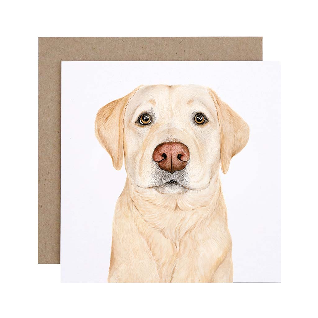 Square white greeting card with yellow labrador retriever dog watercolour artwork and recycled kraft envelope