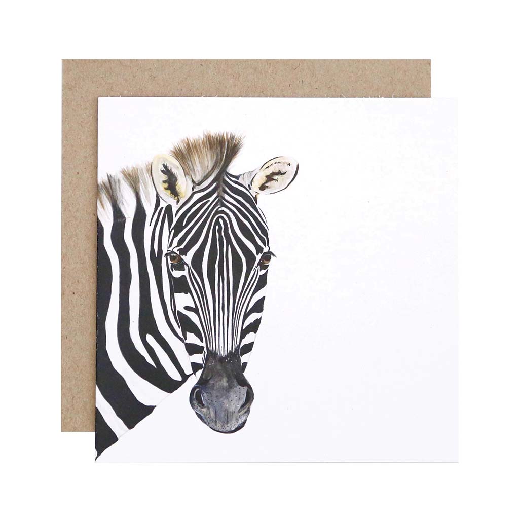Square white greeting card with zebra watercolour artwork and recycled kraft envelope